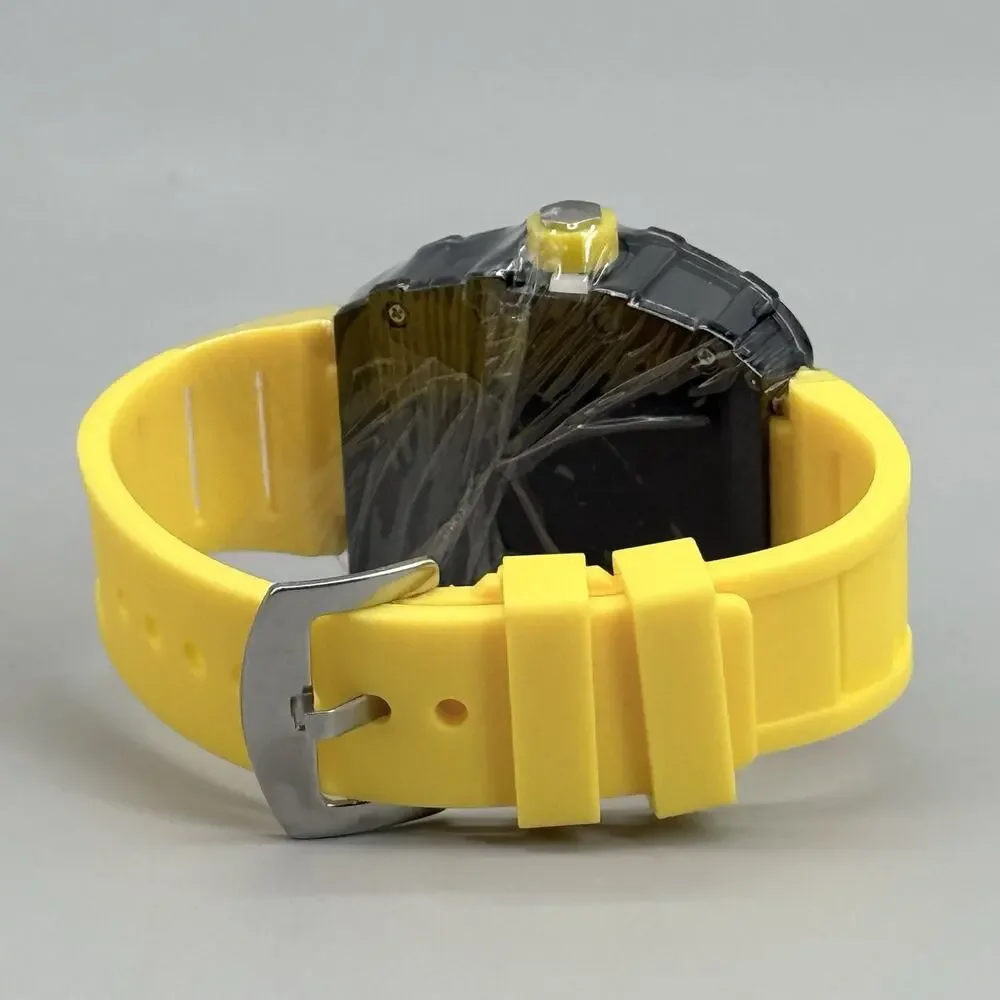 Mens Black Tonneau Watch Yellow Silicone Strap Quartz Sport Fashion Yellow Accen